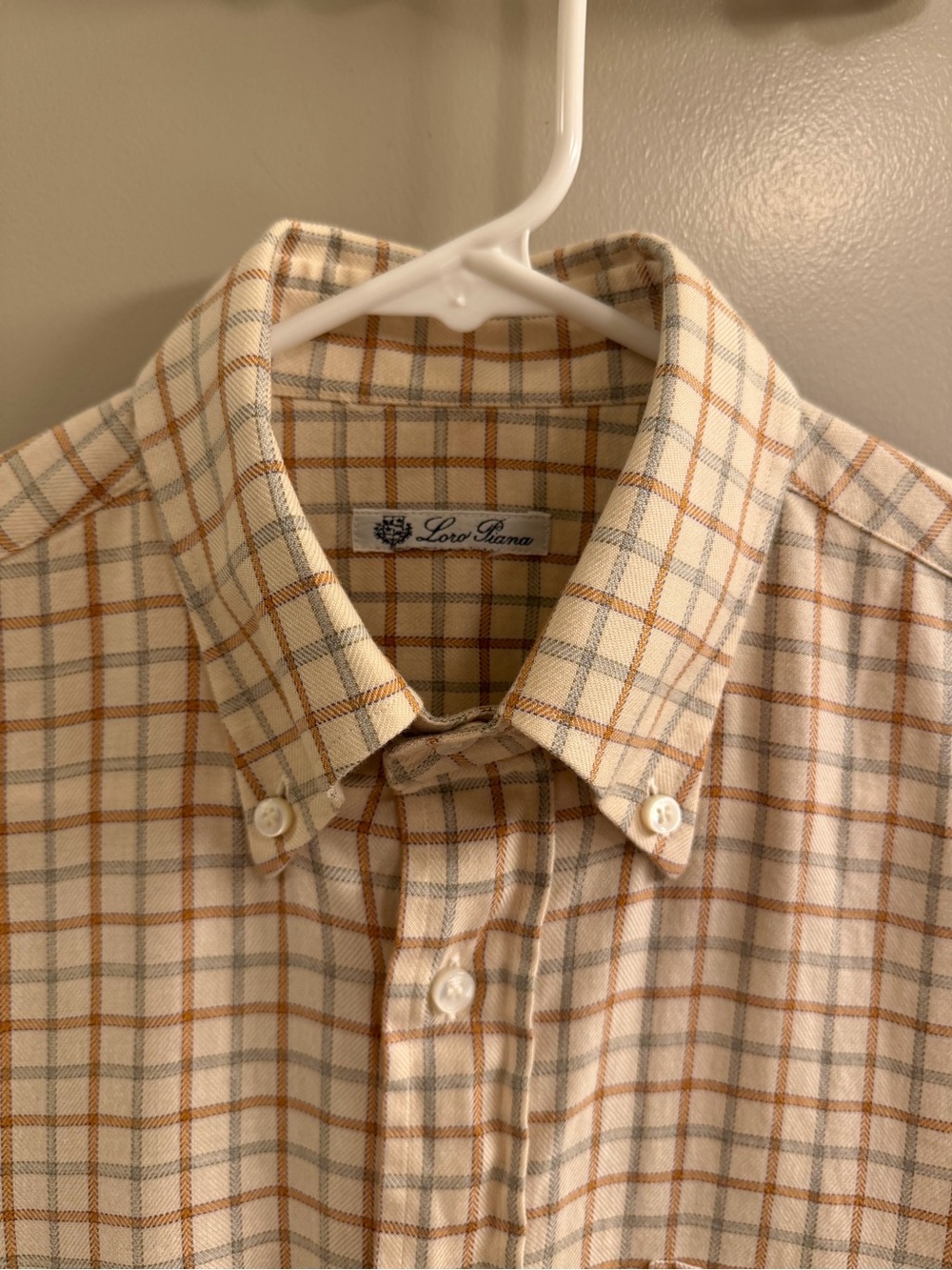 Loro Piana Cream and Brown Windowpane Button-Down Shirt